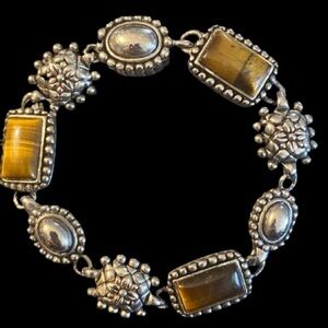 Vintage Tiger Eye And Intricate Ornate Silver Metal Link Bracelet
